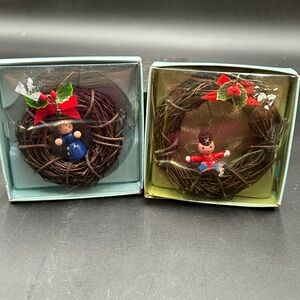 Vintage Christmas Wreath Ornaments with wood Figures, toy soldier, angel